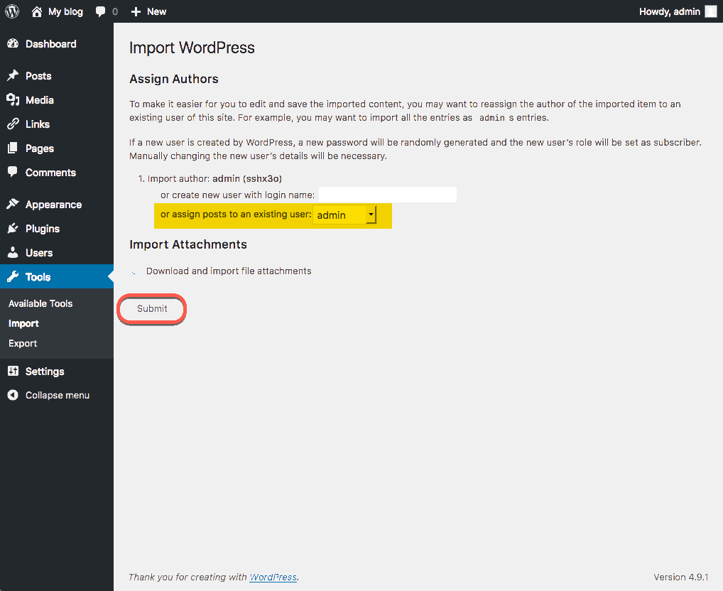 Select desired import options and click the